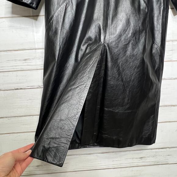 Vintage Charles Klein Black Leather Trench Coat Women’s Medium Long Jacket - Picture 9 of 12